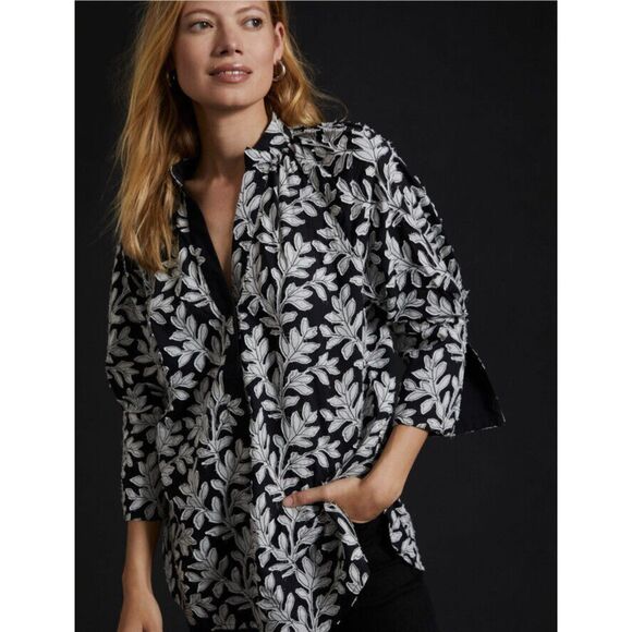 Anthropologie Leaf Print Popover Tunic - Black/Cream M - Picture 1 of 11